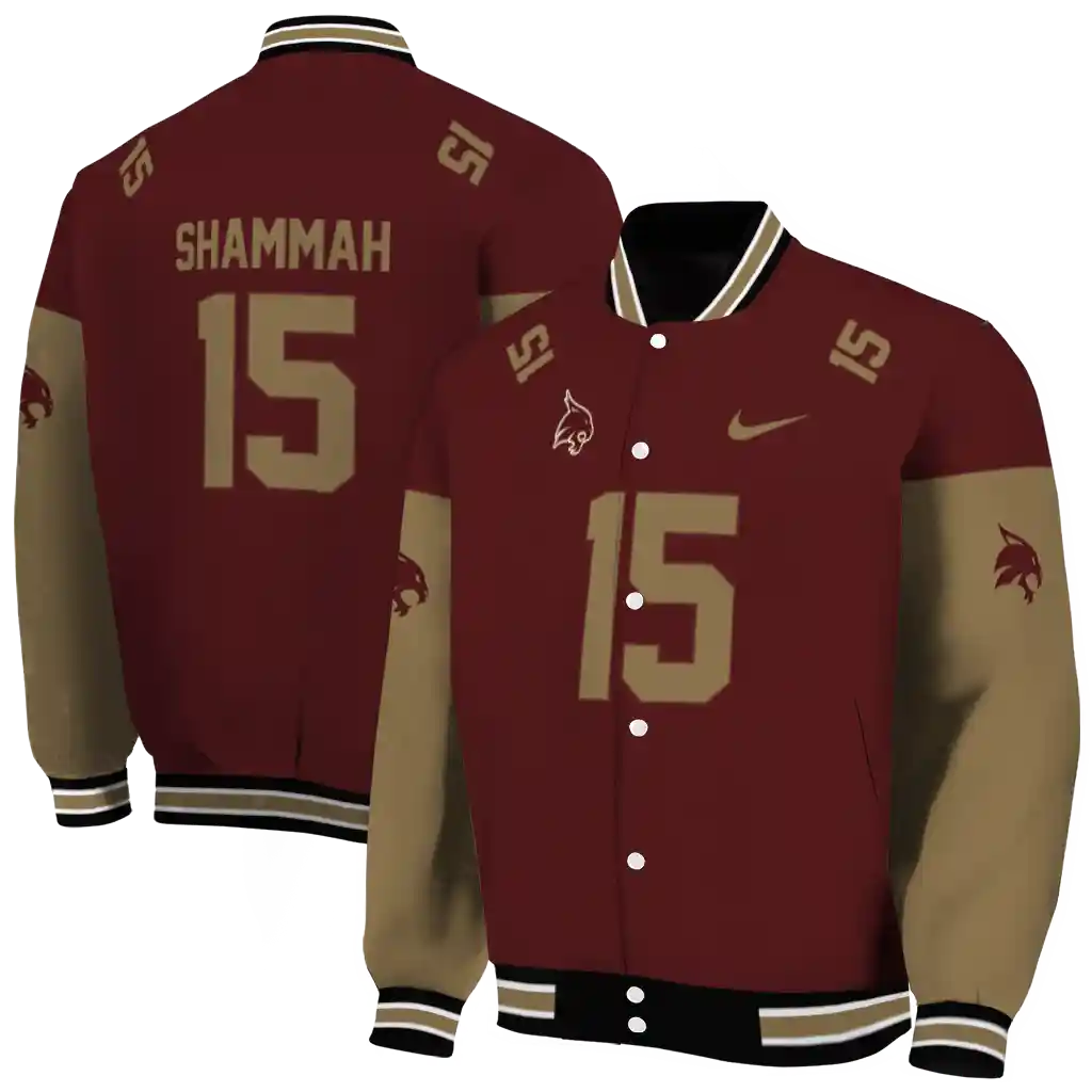 customized texas state bobcats team patch maroon varsity jacket fashion forward customized texas state bobcats team patch maroon varsity jacket fashion forward