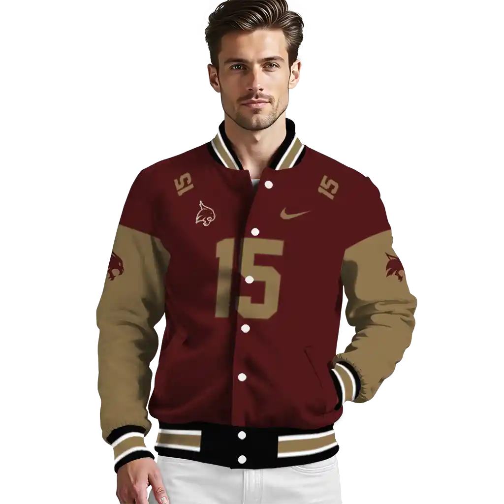 customized texas state bobcats team patch maroon varsity jacket high quality customized texas state bobcats team patch maroon varsity jacket high quality