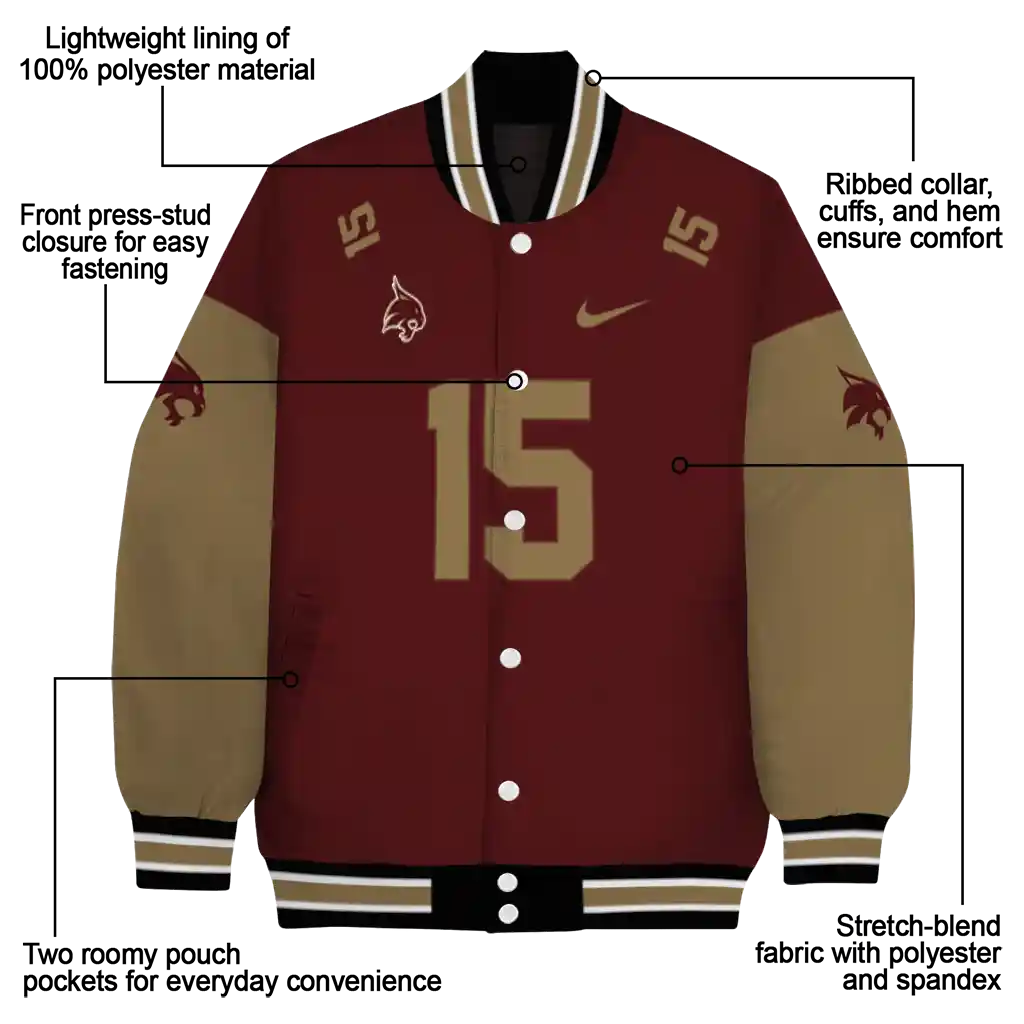customized texas state bobcats team patch maroon varsity jacket new arrival customized texas state bobcats team patch maroon varsity jacket new arrival