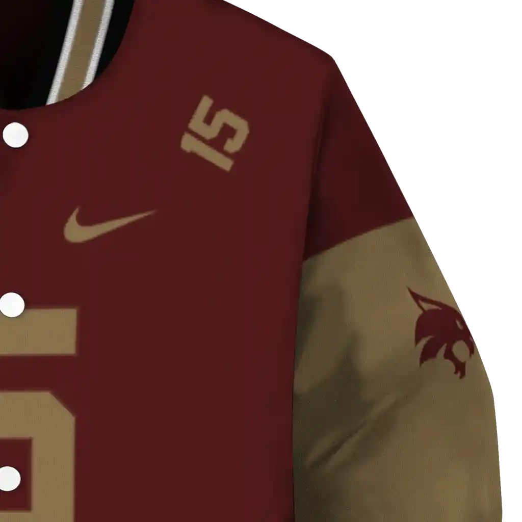 customized texas state bobcats team patch maroon varsity jacket premium grade customized texas state bobcats team patch maroon varsity jacket premium grade