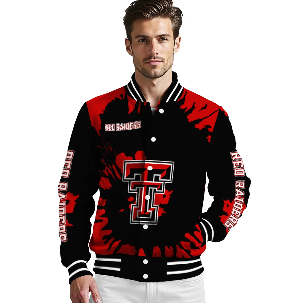 customized texas tech red raiders burst splatter red varsity jacket high quality customized texas tech red raiders burst splatter red varsity jacket high quality