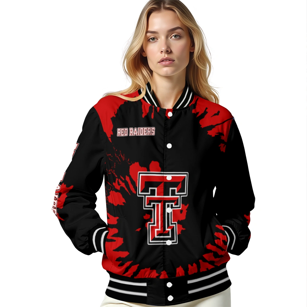 customized texas tech red raiders burst splatter red varsity jacket latest model customized texas tech red raiders burst splatter red varsity jacket latest model