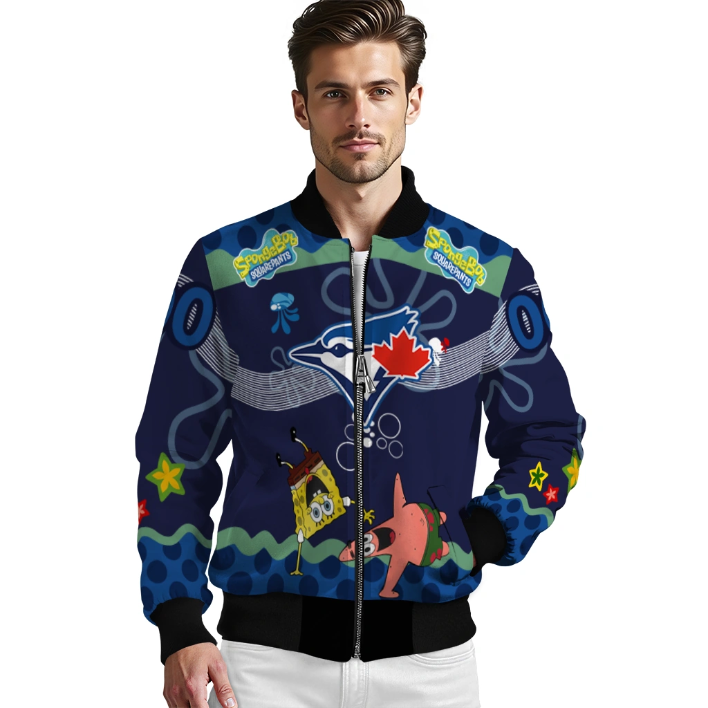 customized toronto blue jays spongebob playtime blue bomber jacket high quality customized toronto blue jays spongebob playtime blue bomber jacket high quality