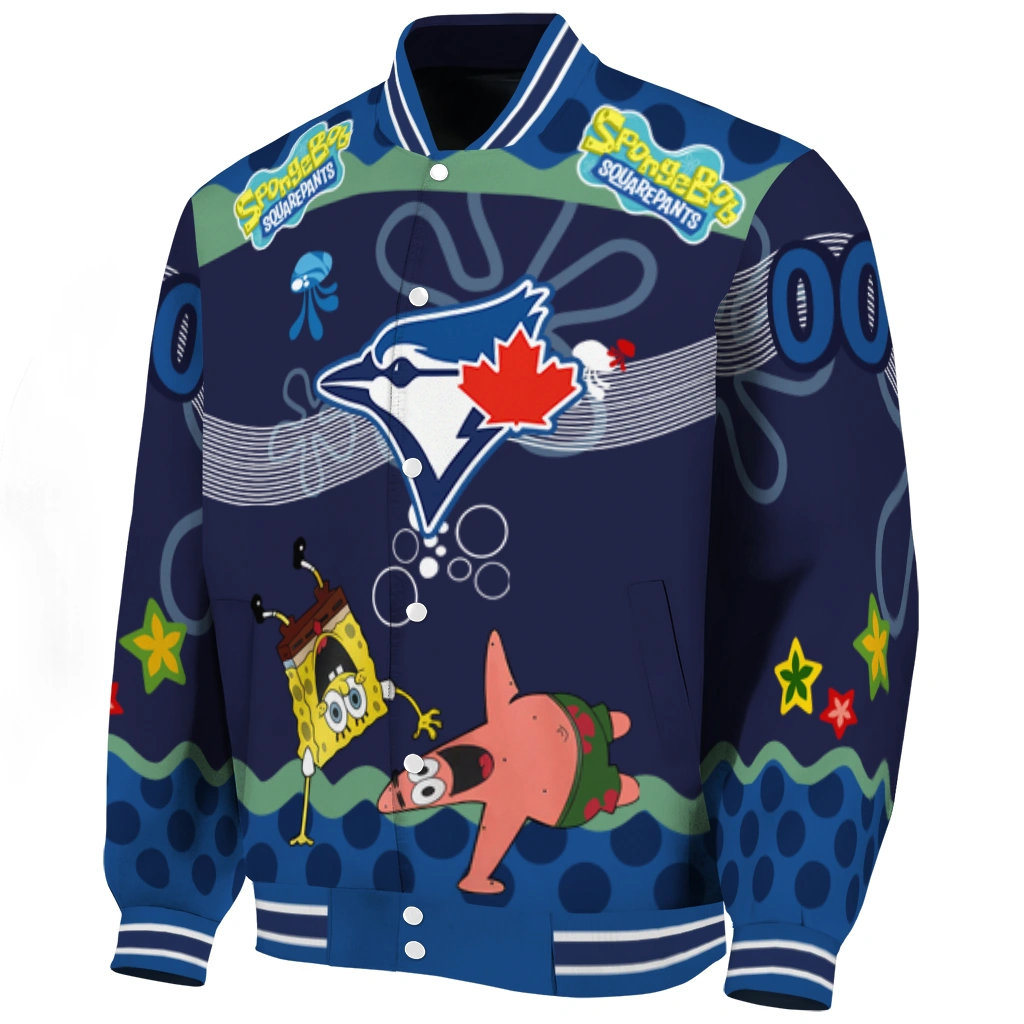 customized toronto blue jays spongebob playtime blue varsity jacket best selling customized toronto blue jays spongebob playtime blue varsity jacket best selling