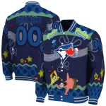 customized toronto blue jays spongebob playtime blue varsity jacket best selling