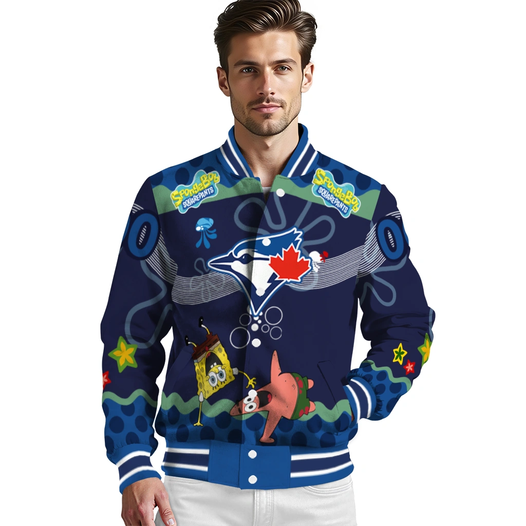 customized toronto blue jays spongebob playtime blue varsity jacket high quality customized toronto blue jays spongebob playtime blue varsity jacket high quality