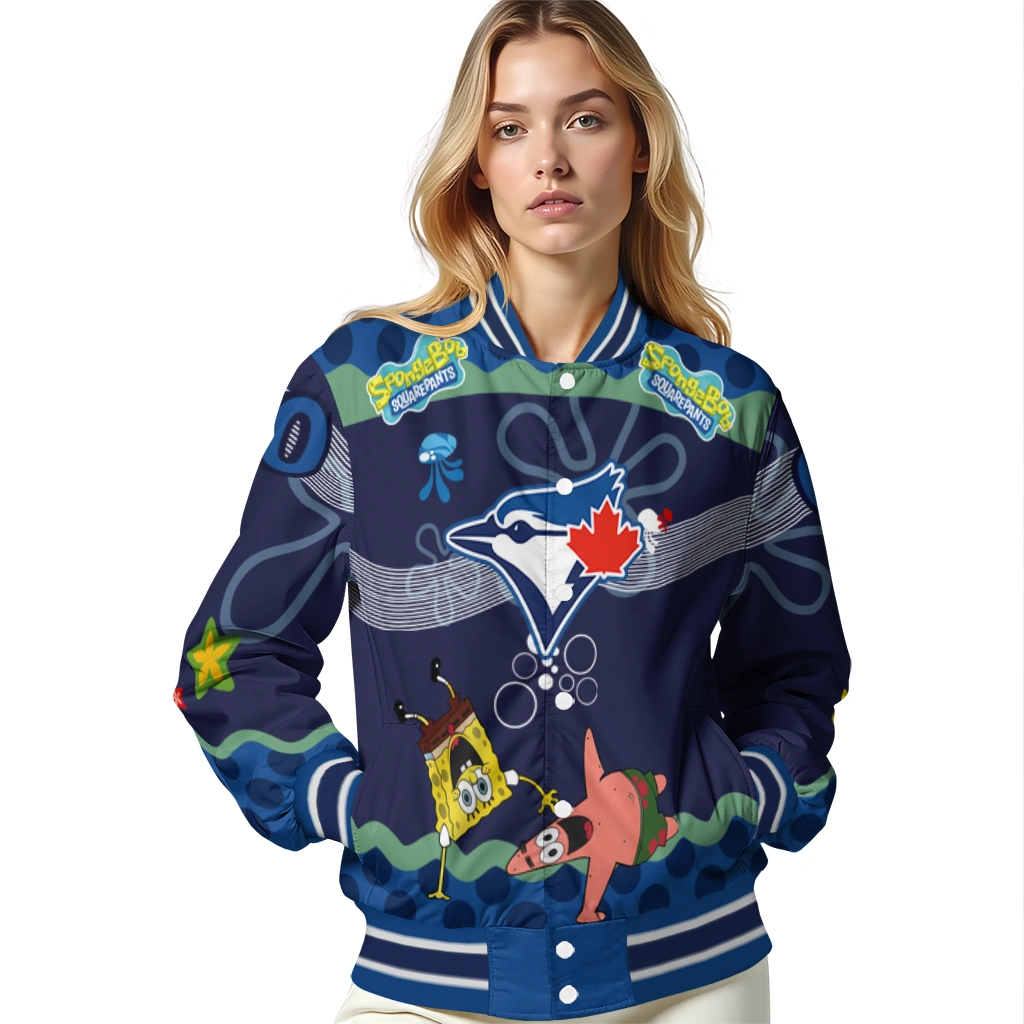 customized toronto blue jays spongebob playtime blue varsity jacket latest model customized toronto blue jays spongebob playtime blue varsity jacket latest model