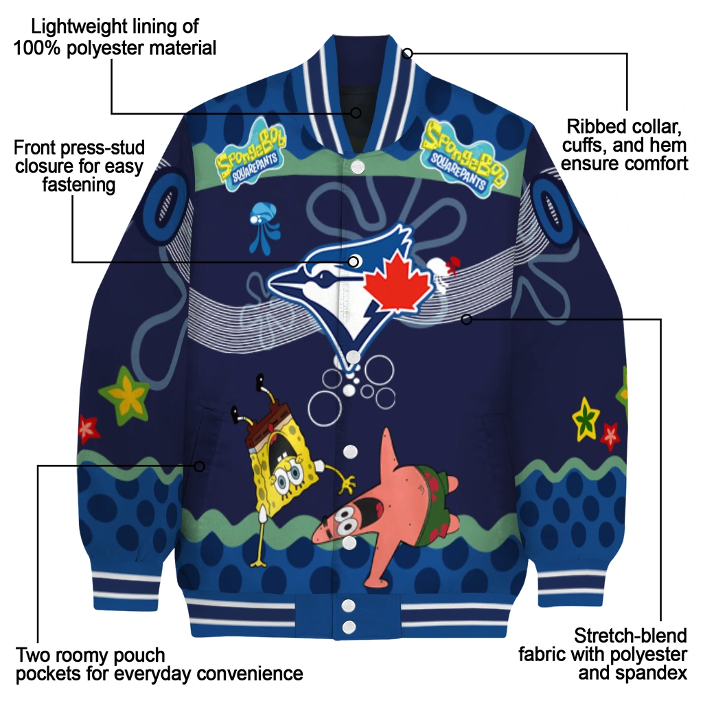 customized toronto blue jays spongebob playtime blue varsity jacket new arrival customized toronto blue jays spongebob playtime blue varsity jacket new arrival