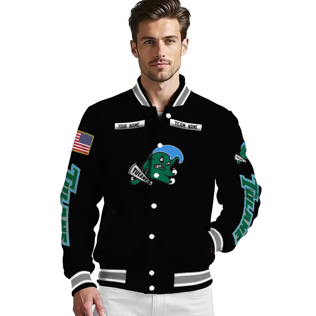 customized tulane green wave american flag skull black varsity jacket high quality customized tulane green wave american flag skull black varsity jacket high quality