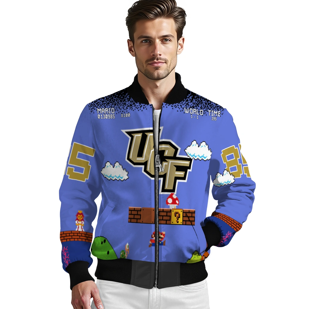 customized ucf knights mario blocks blue black bomber jacket high quality customized ucf knights mario blocks blue black bomber jacket high quality