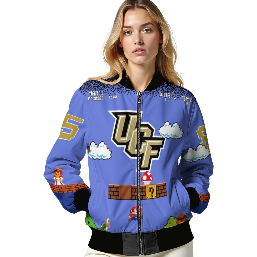 customized ucf knights mario blocks blue black bomber jacket latest model customized ucf knights mario blocks blue black bomber jacket latest model