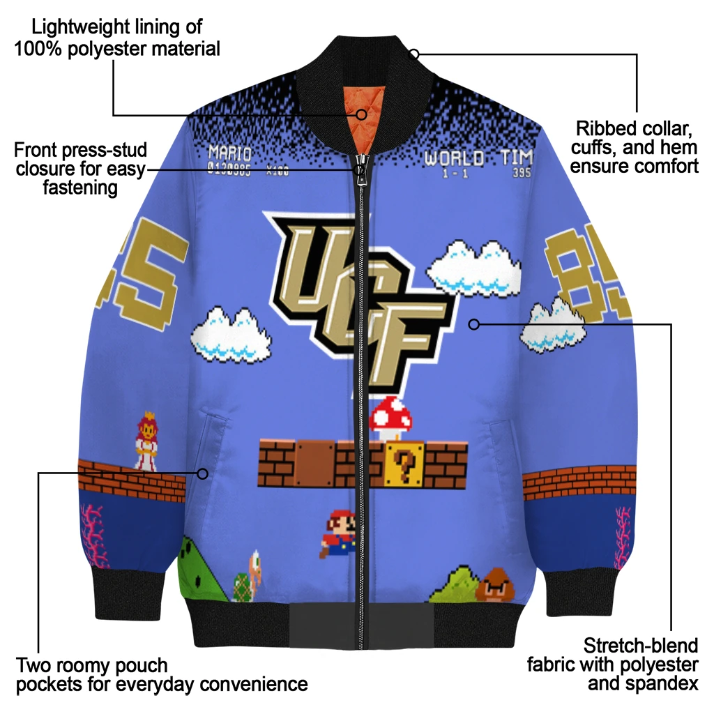 customized ucf knights mario blocks blue black bomber jacket new arrival customized ucf knights mario blocks blue black bomber jacket new arrival