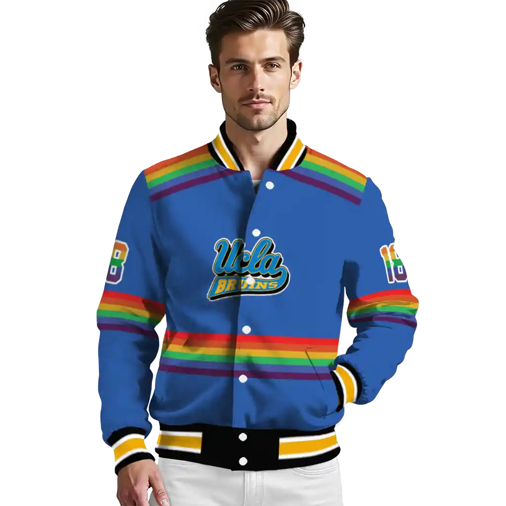 customized ucla bruins rainbow jersey number blue varsity jacket high quality customized ucla bruins rainbow jersey number blue varsity jacket high quality
