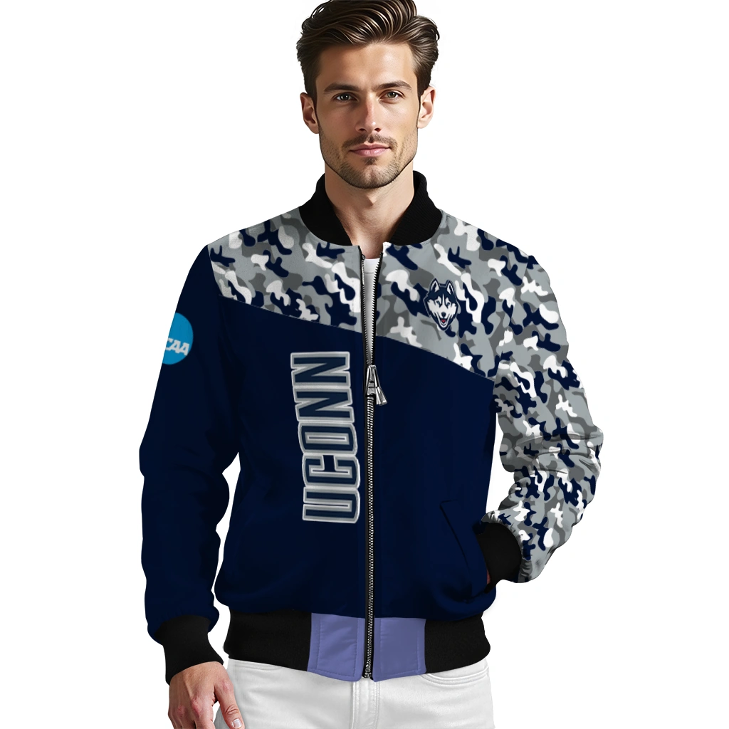 customized uconn huskies camouflage splash blue bomber jacket high quality customized uconn huskies camouflage splash blue bomber jacket high quality