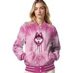 customized uconn huskies pink tie dye pink varsity jacket best selling