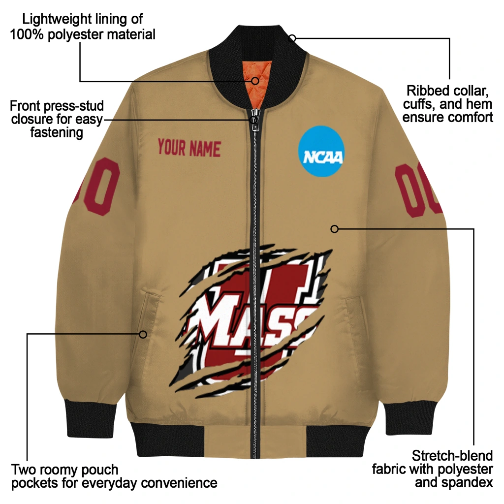customized umass minutemen claw effect beige bomber jacket new arrival customized umass minutemen claw effect beige bomber jacket new arrival