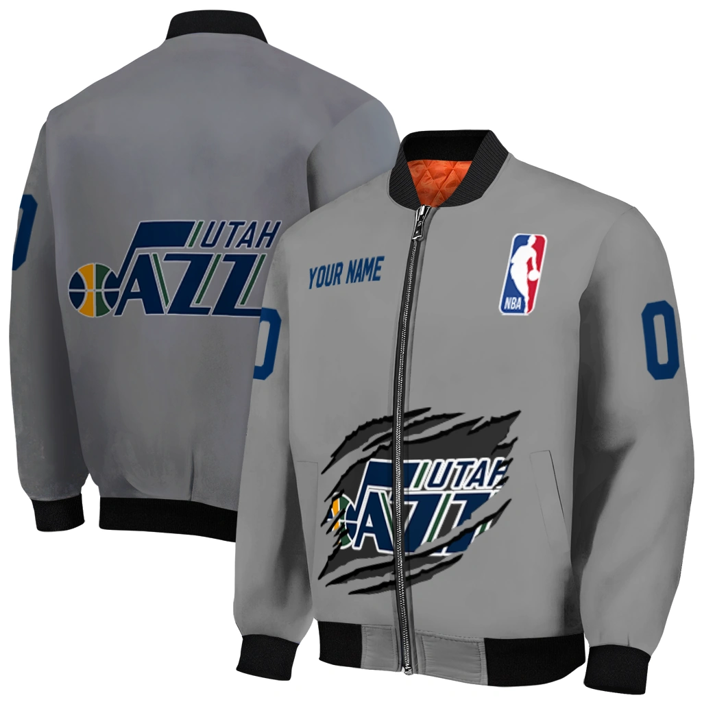 customized utah jazz claw accent grey bomber jacket best selling customized utah jazz claw accent grey bomber jacket best selling