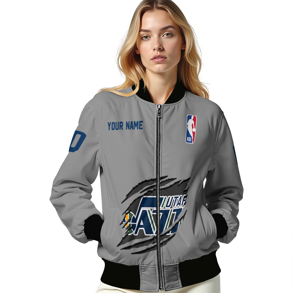 customized utah jazz claw accent grey bomber jacket latest model customized utah jazz claw accent grey bomber jacket latest model