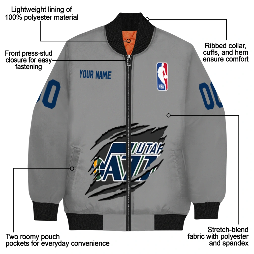 customized utah jazz claw accent grey bomber jacket new arrival customized utah jazz claw accent grey bomber jacket new arrival