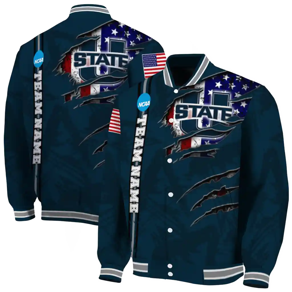 customized utah state aggies usa flag claws navy varsity jacket fashion forward customized utah state aggies usa flag claws navy varsity jacket fashion forward
