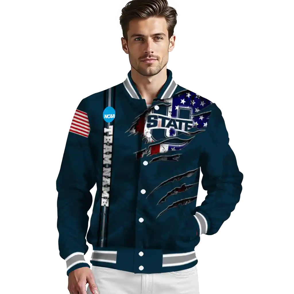 customized utah state aggies usa flag claws navy varsity jacket high quality customized utah state aggies usa flag claws navy varsity jacket high quality