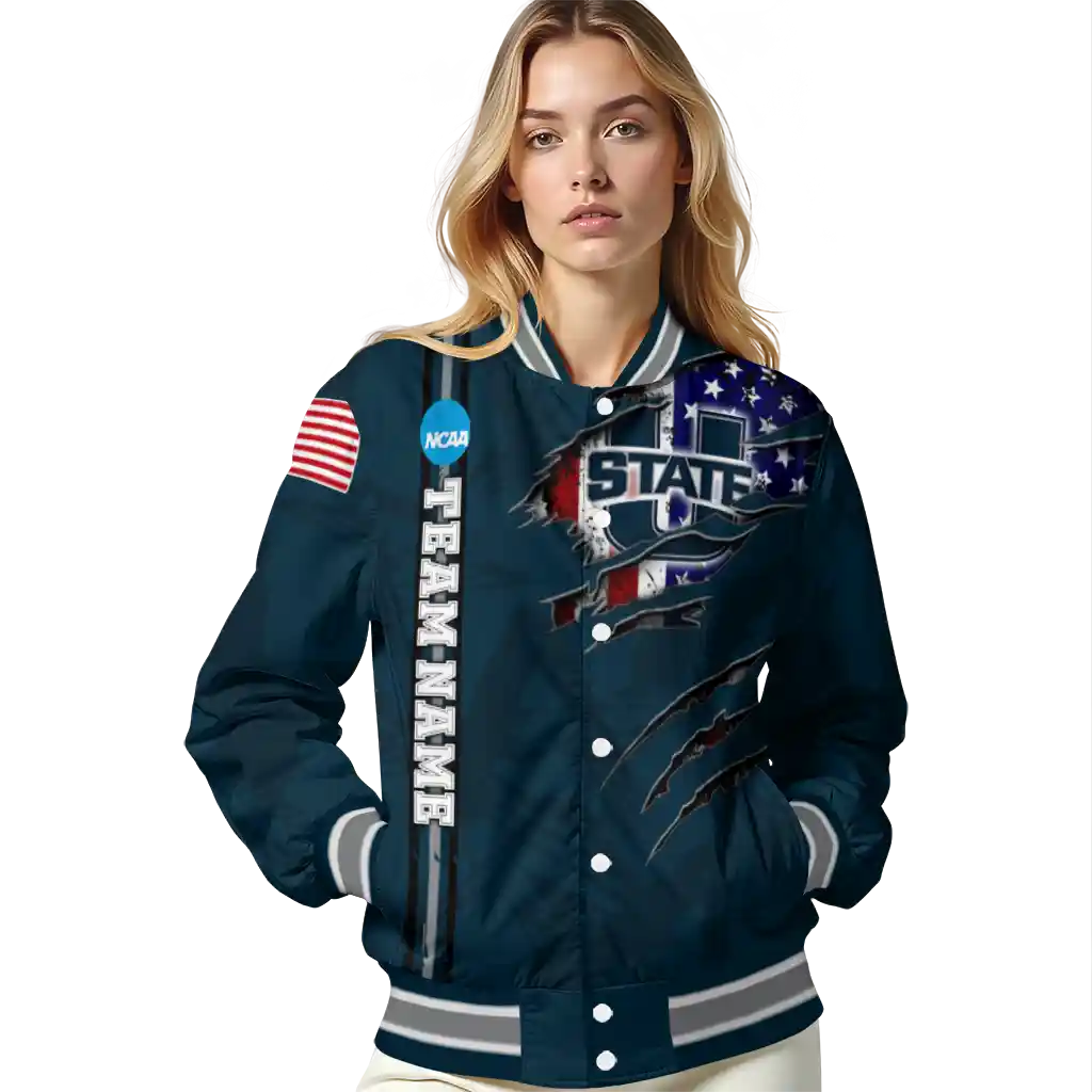 customized utah state aggies usa flag claws navy varsity jacket latest model customized utah state aggies usa flag claws navy varsity jacket latest model