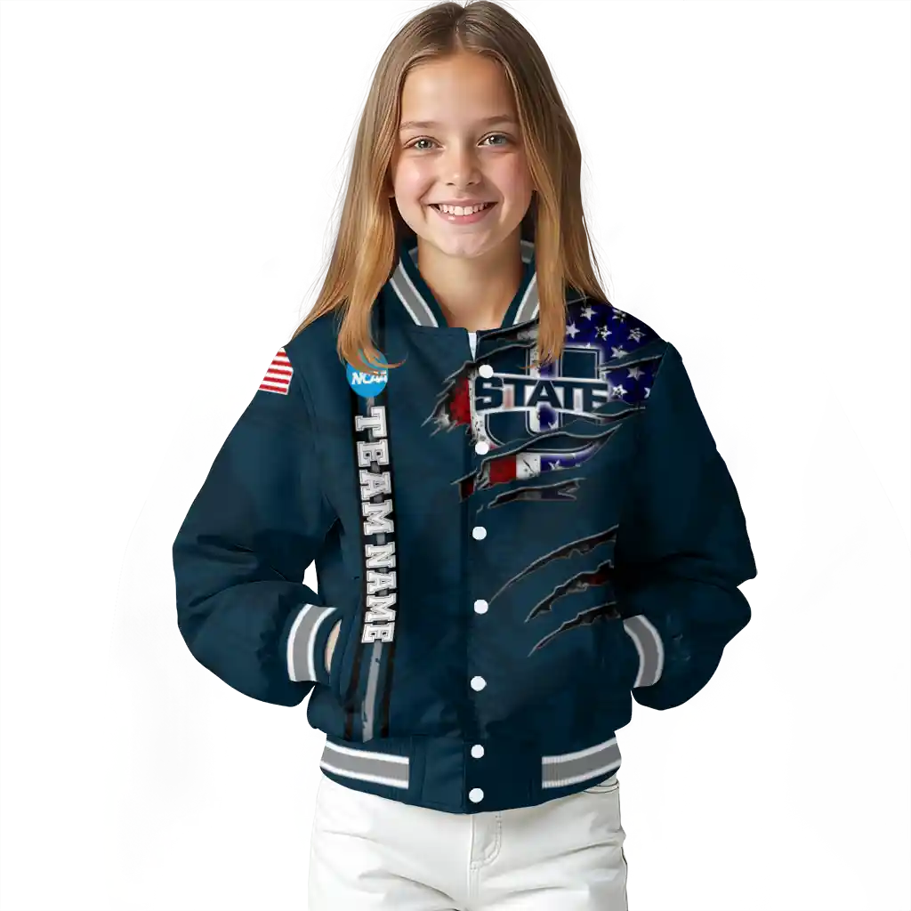customized utah state aggies usa flag claws navy varsity jacket top rated customized utah state aggies usa flag claws navy varsity jacket top rated
