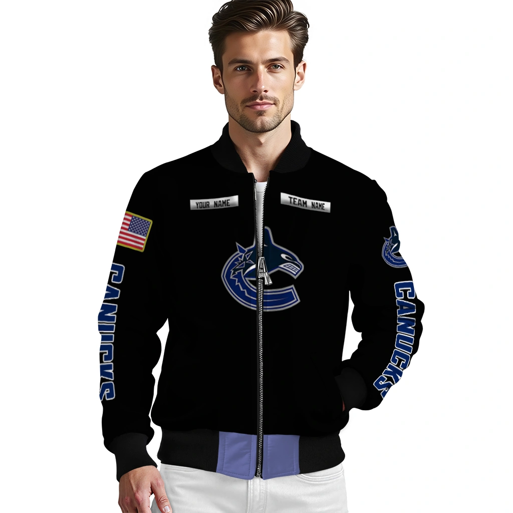 customized vancouver canucks american flag skull black bomber jacket high quality customized vancouver canucks american flag skull black bomber jacket high quality