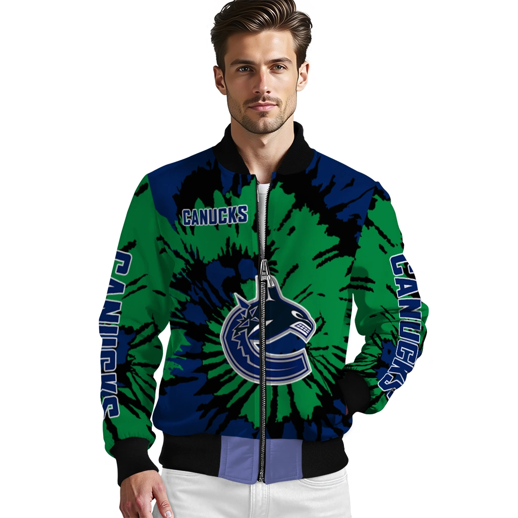 customized vancouver canucks burst splatter blue bomber jacket high quality customized vancouver canucks burst splatter blue bomber jacket high quality