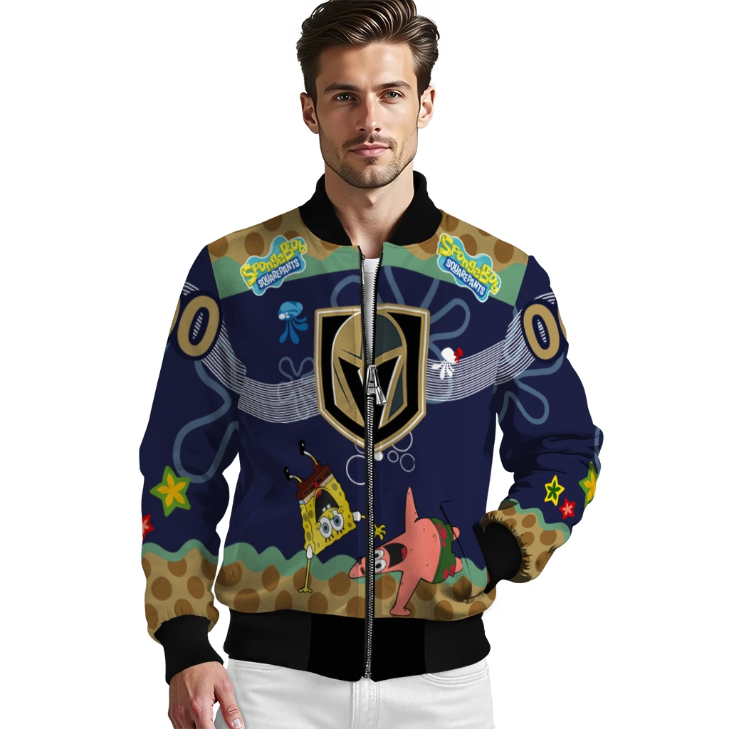 customized vegas golden knights spongebob playtime tan blue bomber jacket high quality customized vegas golden knights spongebob playtime tan blue bomber jacket high quality