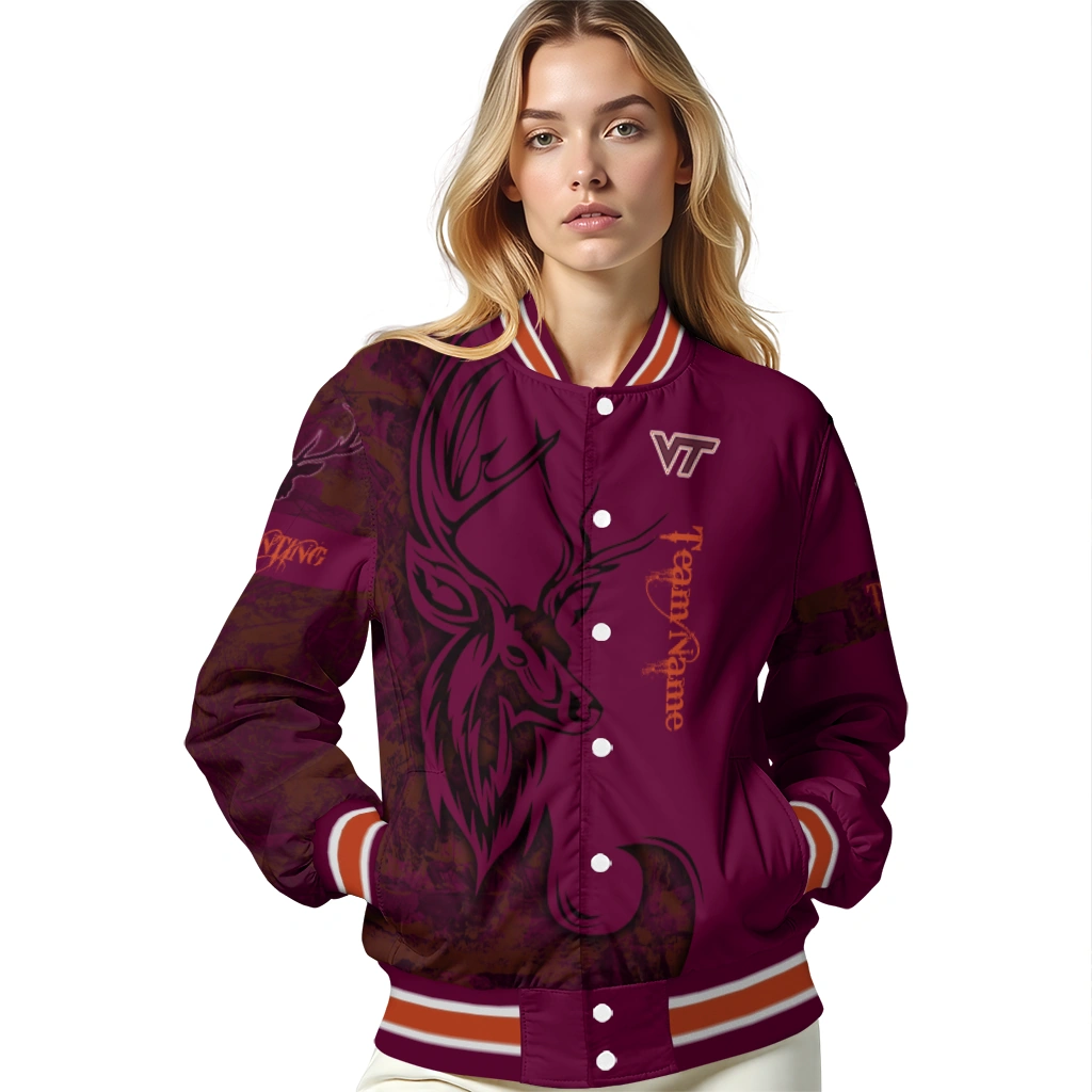 customized virginia tech hokies tribal deer art maroon varsity jacket latest model customized virginia tech hokies tribal deer art maroon varsity jacket latest model