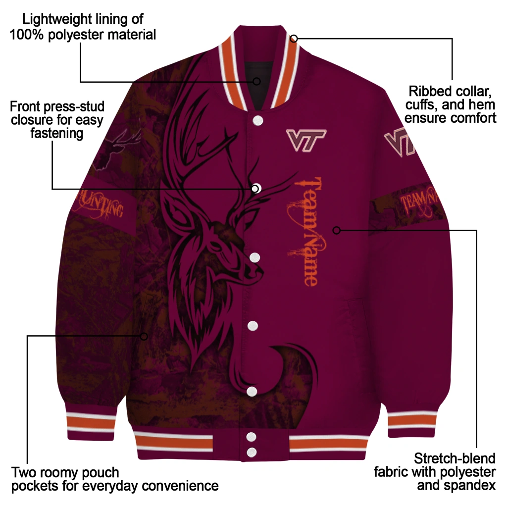 customized virginia tech hokies tribal deer art maroon varsity jacket new arrival customized virginia tech hokies tribal deer art maroon varsity jacket new arrival