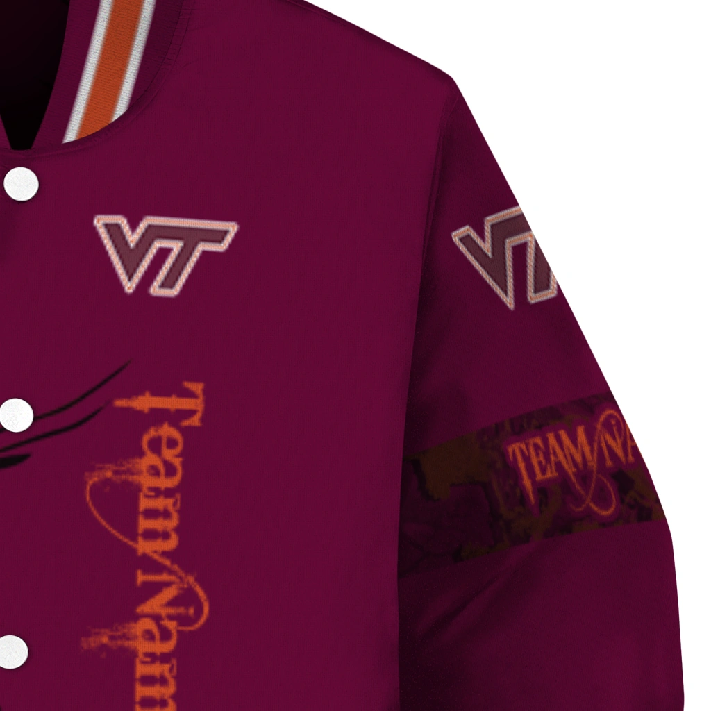 customized virginia tech hokies tribal deer art maroon varsity jacket premium grade customized virginia tech hokies tribal deer art maroon varsity jacket premium grade