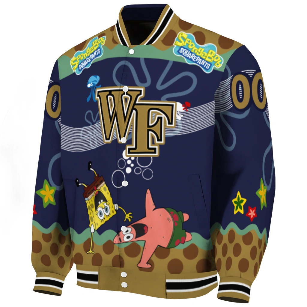 customized wake forest demon deacons spongebob playtime gold blue varsity jacket best selling customized wake forest demon deacons spongebob playtime gold blue varsity jacket best selling