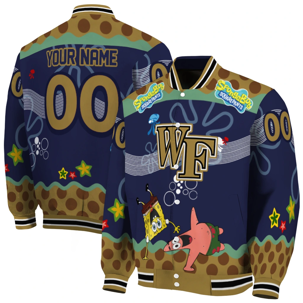 customized wake forest demon deacons spongebob playtime gold blue varsity jacket fashion forward customized wake forest demon deacons spongebob playtime gold blue varsity jacket fashion forward