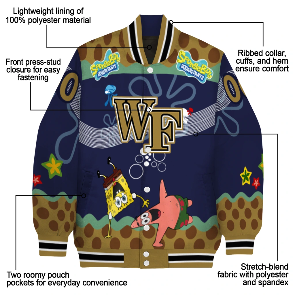 customized wake forest demon deacons spongebob playtime gold blue varsity jacket new arrival customized wake forest demon deacons spongebob playtime gold blue varsity jacket new arrival