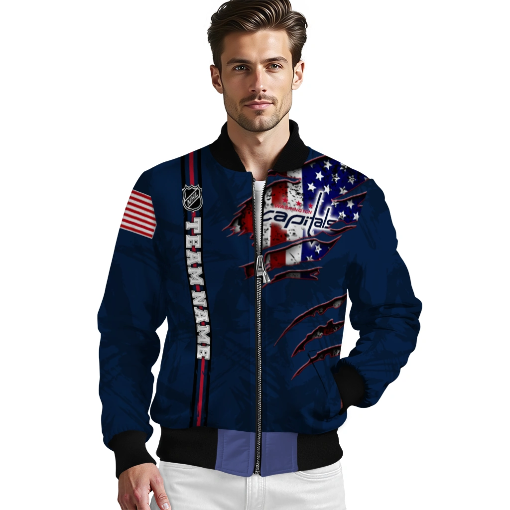 customized washington capitals usa flag rips blue bomber jacket high quality customized washington capitals usa flag rips blue bomber jacket high quality