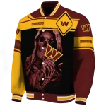 customized washington commanders reaper hands burgundy black varsity jacket best selling