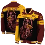 customized washington commanders reaper hands burgundy black varsity jacket best selling