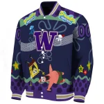 customized washington huskies spongebob playtime purple blue varsity jacket best selling
