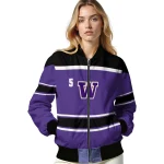 customized washington huskies stripe statement purple black bomber jacket best selling