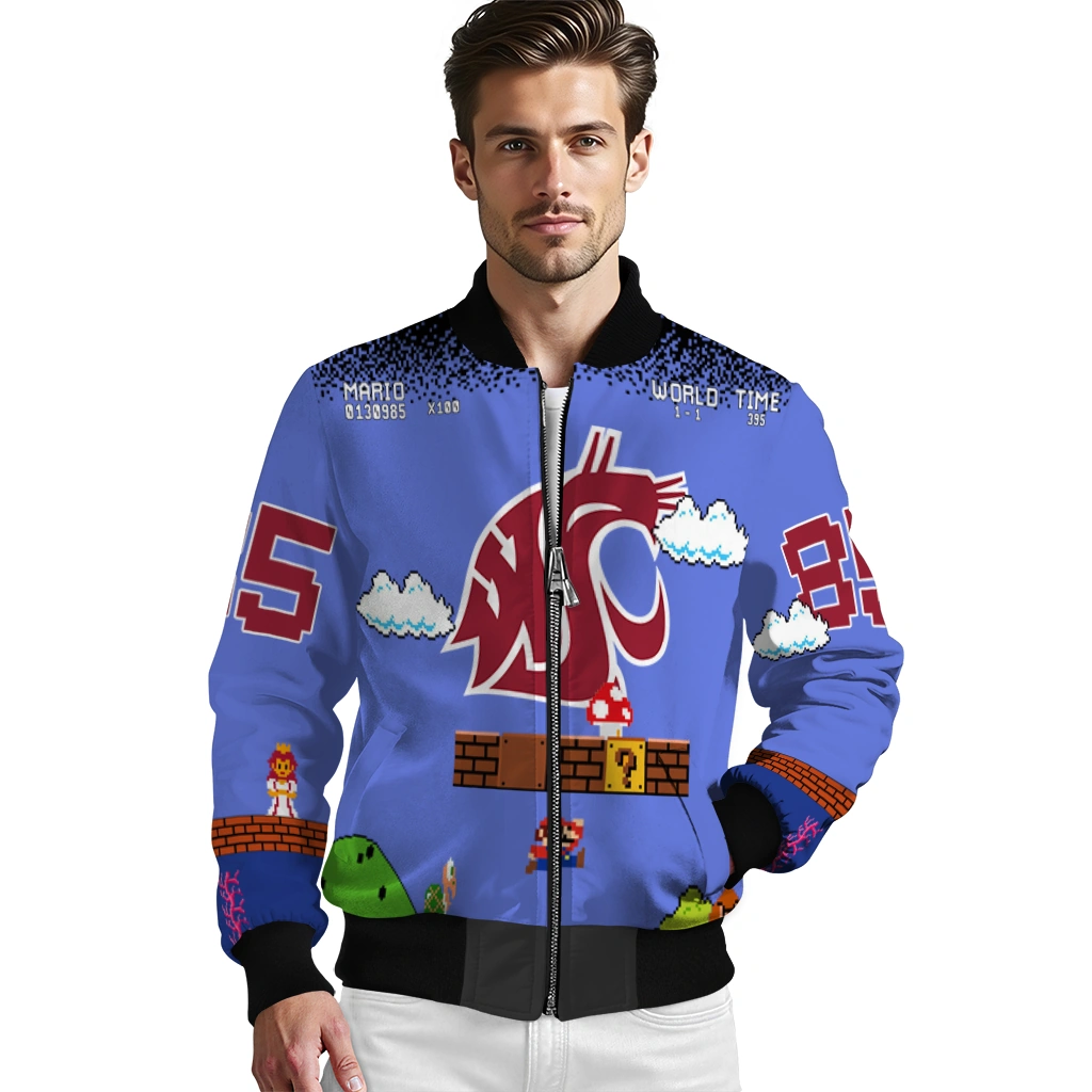 customized washington state cougars mario blocks blue black bomber jacket high quality customized washington state cougars mario blocks blue black bomber jacket high quality