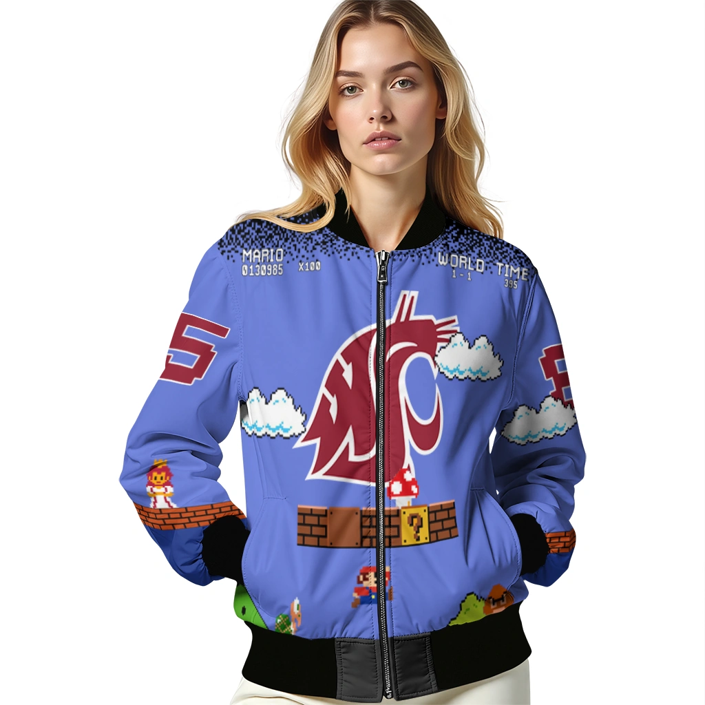 customized washington state cougars mario blocks blue black bomber jacket latest model customized washington state cougars mario blocks blue black bomber jacket latest model