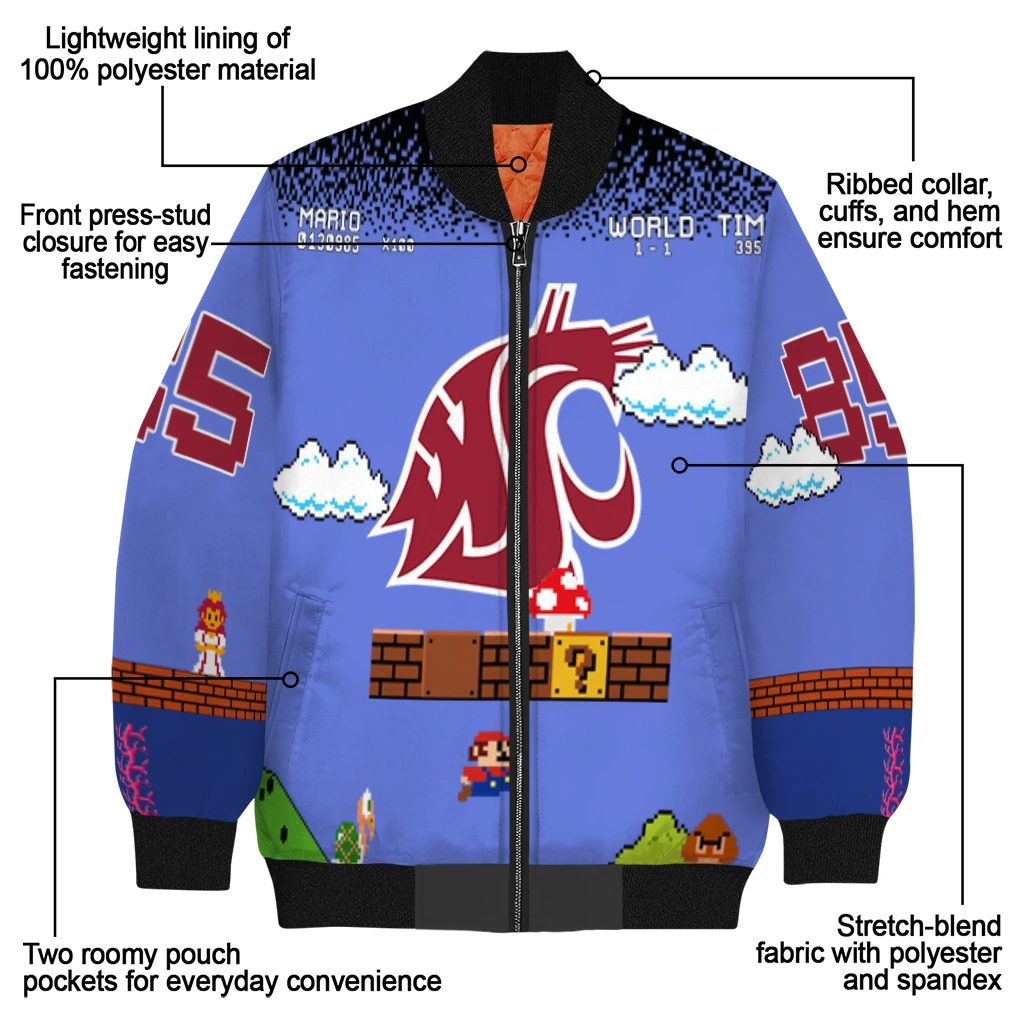 customized washington state cougars mario blocks blue black bomber jacket new arrival customized washington state cougars mario blocks blue black bomber jacket new arrival