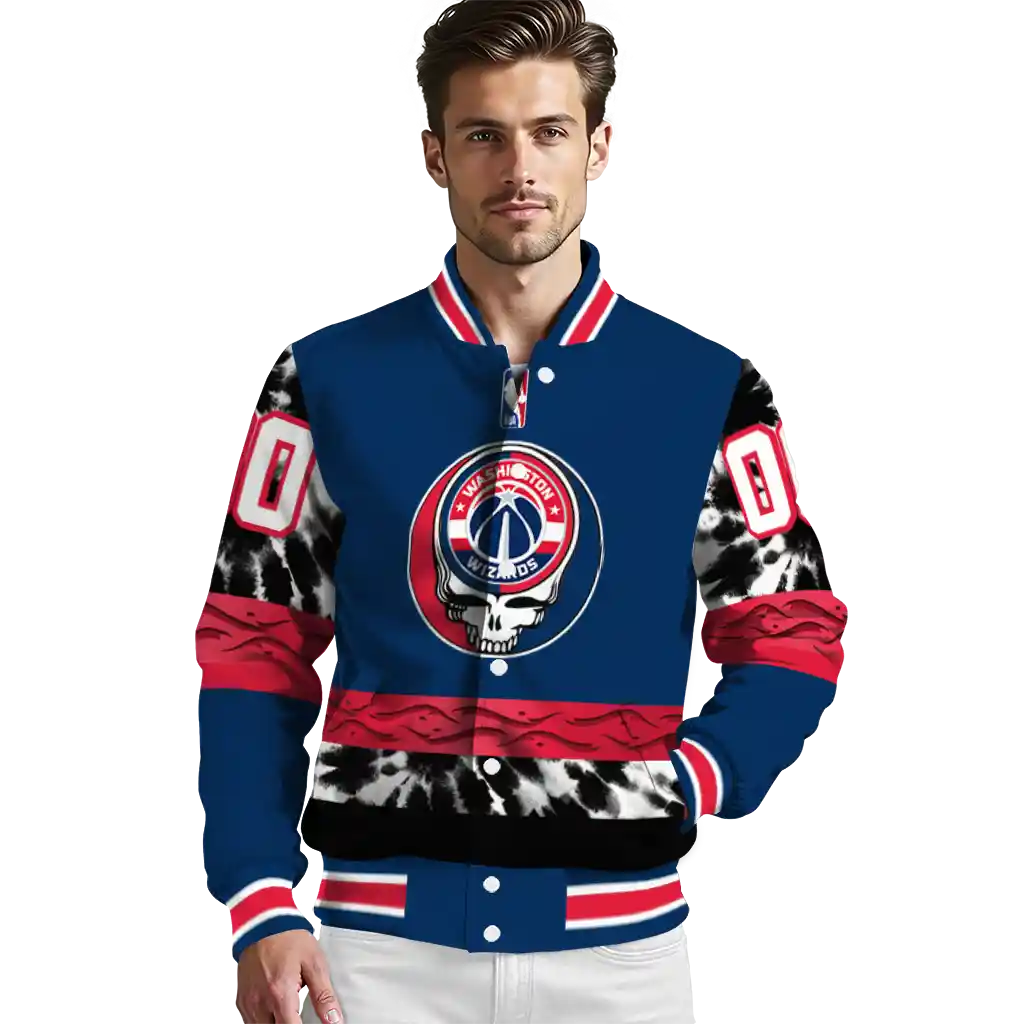 customized washington wizards skull emblem blue black varsity jacket high quality customized washington wizards skull emblem blue black varsity jacket high quality
