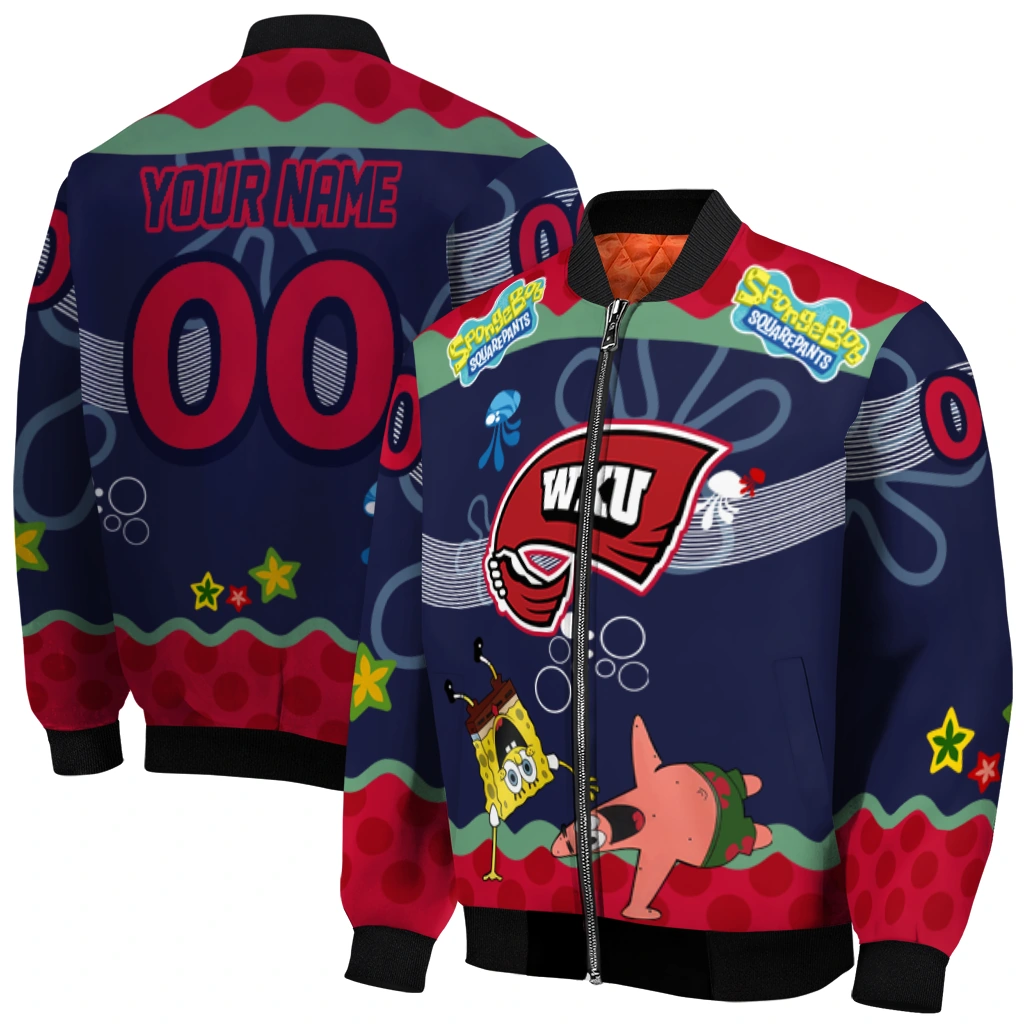 customized western kentucky hilltoppers spongebob playtime red blue bomber jacket best selling customized western kentucky hilltoppers spongebob playtime red blue bomber jacket best selling