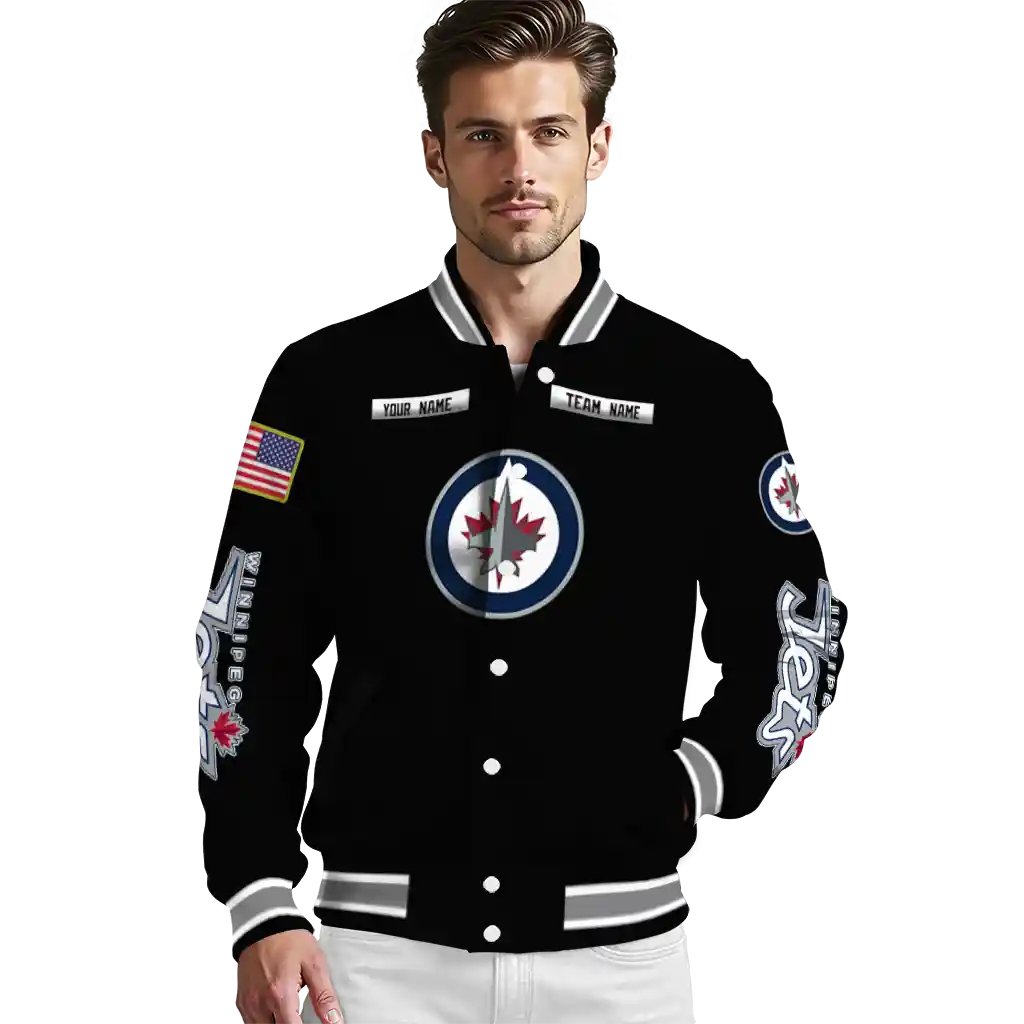 customized winnipeg jets american flag skull black varsity jacket high quality customized winnipeg jets american flag skull black varsity jacket high quality