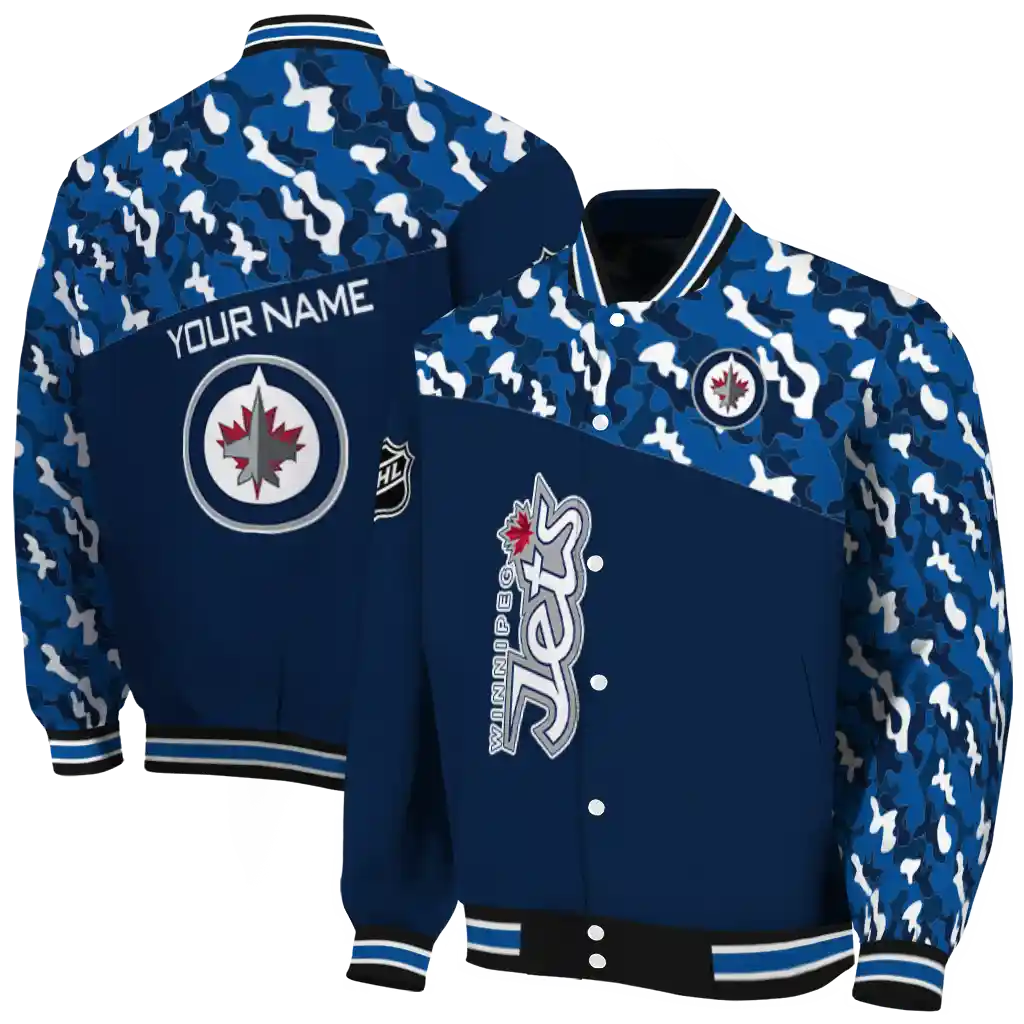 customized winnipeg jets flag scratch effect blue varsity jacket fashion forward customized winnipeg jets flag scratch effect blue varsity jacket fashion forward