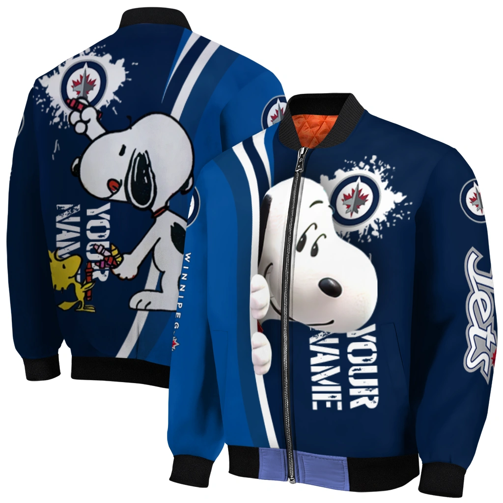 customized winnipeg jets snoopy head blue bomber jacket best selling customized winnipeg jets snoopy head blue bomber jacket best selling