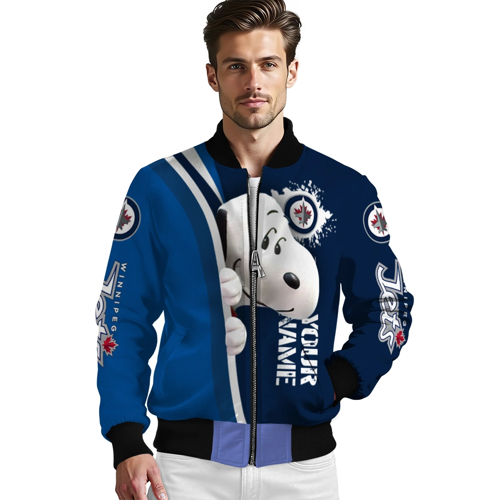 customized winnipeg jets snoopy head blue bomber jacket high quality customized winnipeg jets snoopy head blue bomber jacket high quality